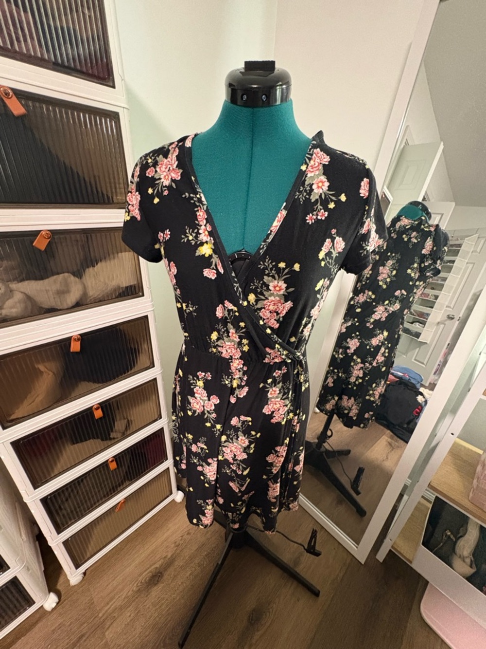 Derek Heart Black Floral Wrap Dress with Pink and Yellow Blossoms